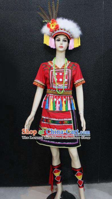 Chinese Traditional Gaoshan Nationality Red Dress Ethnic Folk Dance Costume for Women