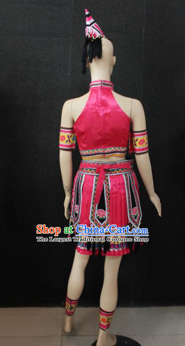 Chinese Traditional Yao Nationality Pink Dress Ethnic Folk Dance Costume for Women