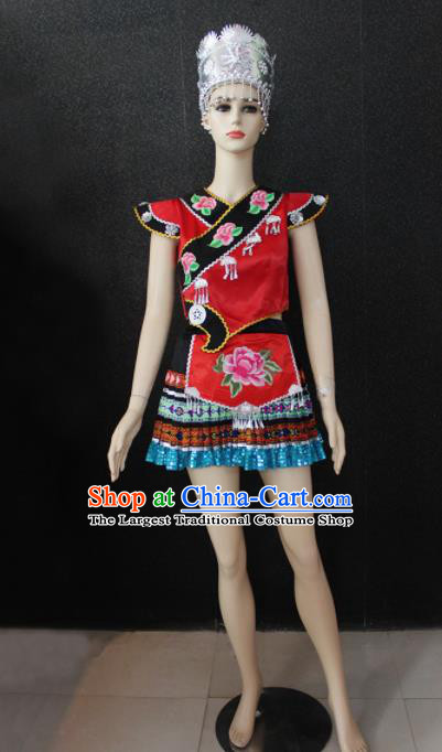 Chinese Traditional Zhuang Nationality Embroidered Red Dress Ethnic Folk Dance Costume for Women