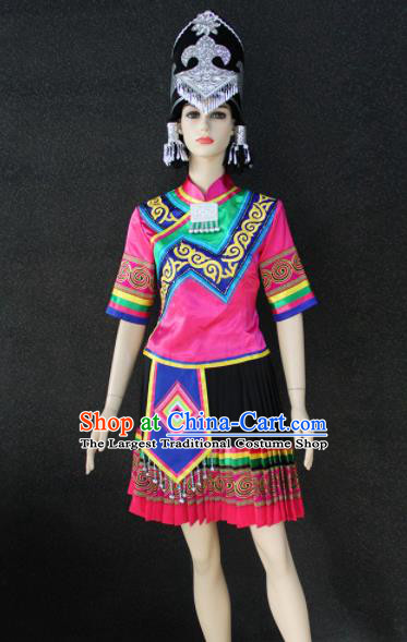 Chinese Traditional Yi Nationality Female Rosy Dress Ethnic Folk Dance Costume for Women