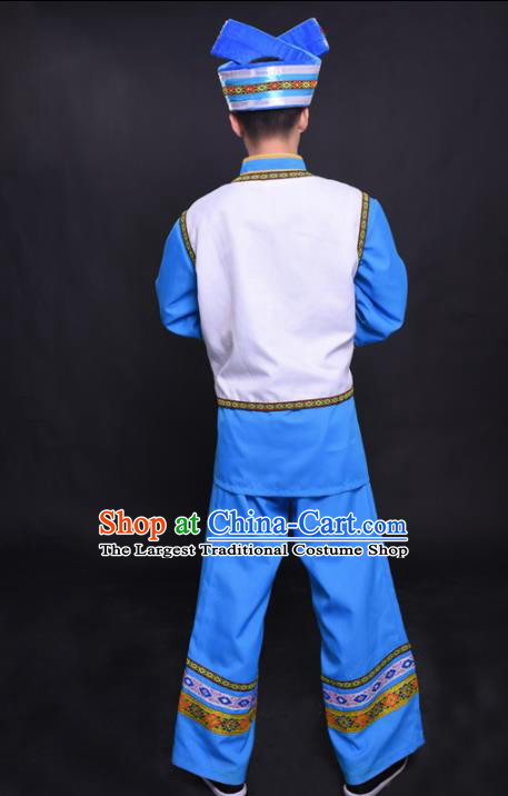 Chinese Traditional Ethnic Blue Costume Zhuang Nationality Festival Folk Dance Clothing for Men