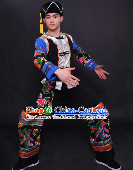 Chinese Traditional Ethnic Printing Black Costume Miao Nationality Festival Folk Dance Clothing for Men