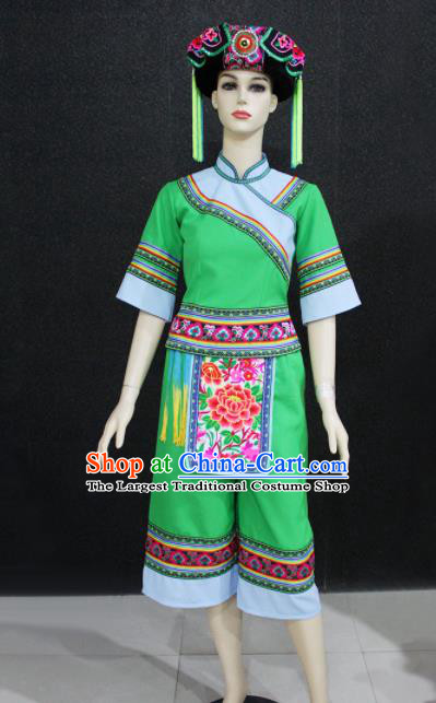 Chinese Traditional Yao Nationality Embroidered Green Clothing Ethnic Folk Dance Costume for Women