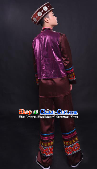 Chinese Traditional Ethnic Bridegroom Brown Costume Dong Nationality Festival Folk Dance Clothing for Men