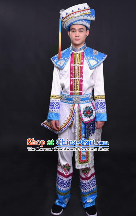 Chinese Traditional Ethnic Prince White Costume Zhuang Nationality Festival Folk Dance Clothing for Men