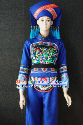 Chinese Traditional Zhuang Nationality Embroidered Blue Clothing Ethnic Bride Folk Dance Costume for Women
