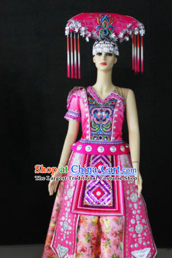 Chinese Traditional Zhuang Nationality Wedding Pink Dress Ethnic Folk Dance Costume for Women