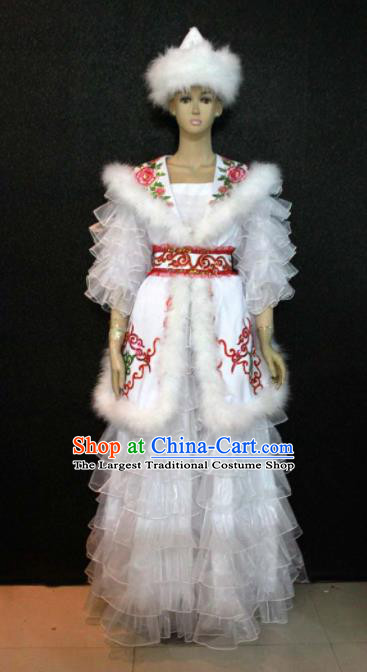 Chinese Traditional Kazak Nationality White Veil Dress Ethnic Bride Folk Dance Costume for Women
