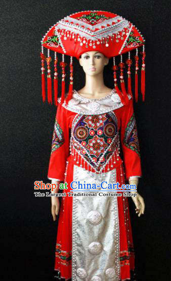 Chinese Traditional Zhuang Nationality Red Dress Ethnic Bride Folk Dance Costume for Women