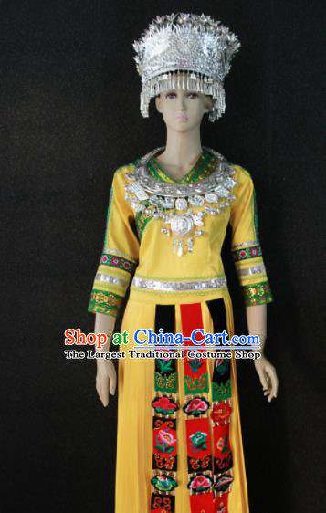 Chinese Traditional Miao Nationality Yellow Dress Ethnic Bride Folk Dance Costume for Women