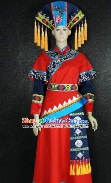 Chinese Traditional Zhuang Nationality Red Dress Ethnic Bride Folk Dance Costume for Women