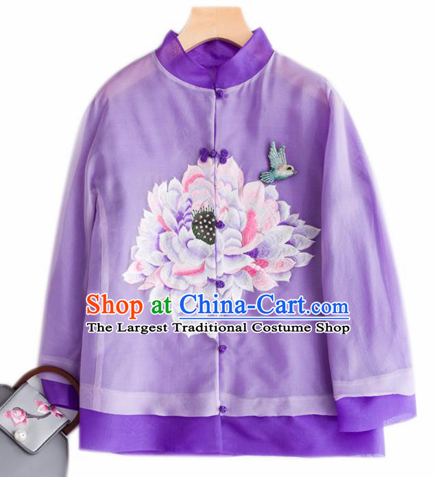 Chinese Traditional National Costume Tang Suit Embroidered Purple Organza Jacket Upper Outer Garment for Women