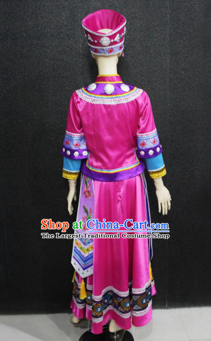 Chinese Traditional Xibe Nationality Rosy Dress Ethnic Folk Dance Costume for Women