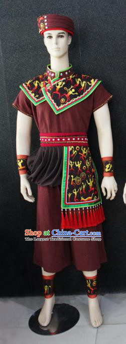 Chinese Traditional Ethnic Folk Dance Brown Costume Zhuang Nationality Festival Clothing for Men
