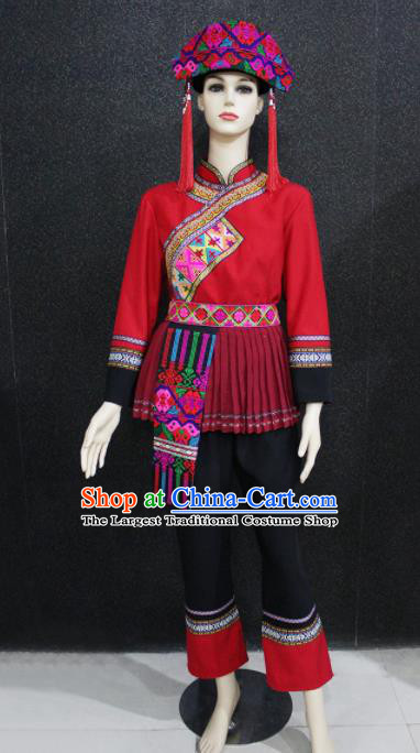 Chinese Traditional Yao Nationality Red Clothing Ethnic Folk Dance Costume for Women