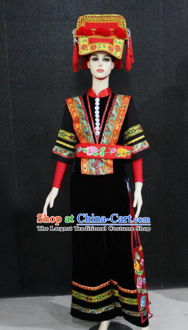 Chinese Traditional Qiang Nationality Female Black Clothing Ethnic Folk Dance Costume for Women