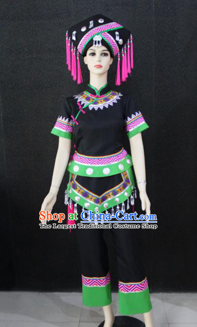 Chinese Traditional Zhuang Nationality Black Clothing Ethnic Folk Dance Costume for Women