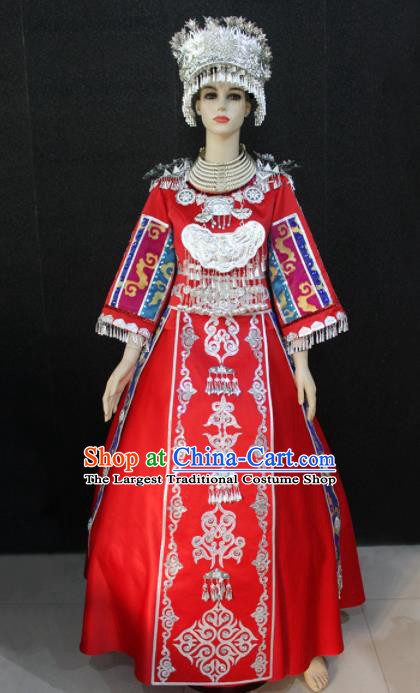 Chinese Traditional Miao Nationality Wedding Red Dress Ethnic Folk Dance Costume for Women
