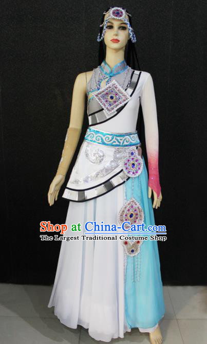 Chinese Traditional Zang Nationality White Dress Tibetan Ethnic Folk Dance Costume for Women
