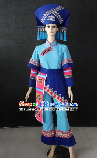 Chinese Traditional Zhuang Nationality Light Blue Clothing Ethnic Folk Dance Costume for Women