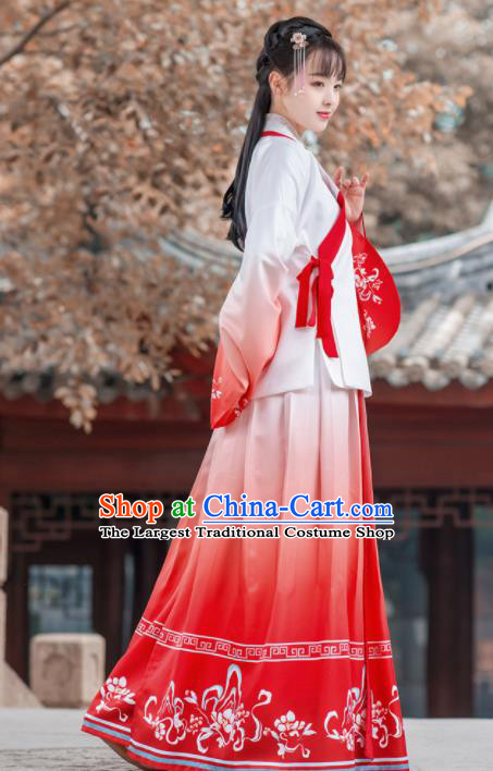 Traditional Chinese Ming Dynasty Historical Costume Ancient Young Lady Red Hanfu Dress for Women