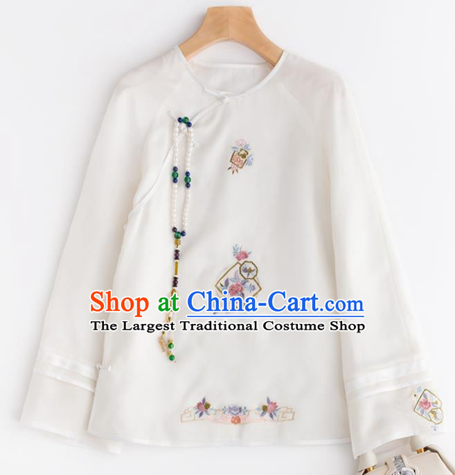 Chinese Traditional National Costume Tang Suit Embroidered White Blouse Upper Outer Garment for Women