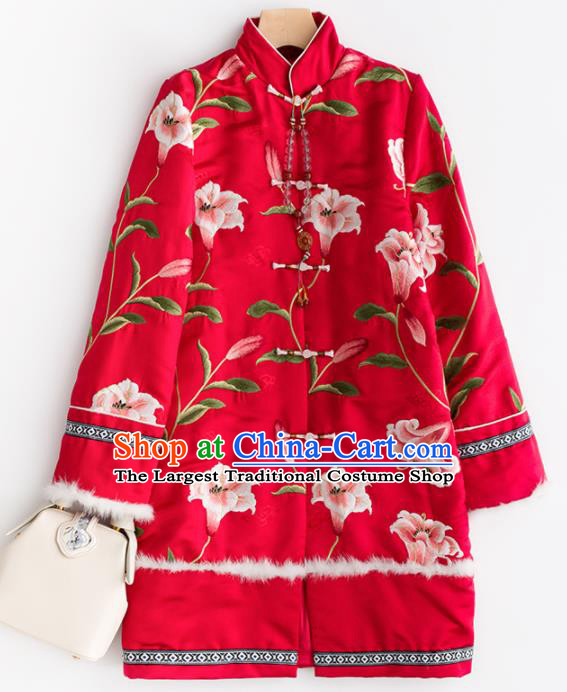 Chinese Traditional National Winter Costume Tang Suit Upper Outer Garment Embroidered Red Cotton Padded Coat for Women