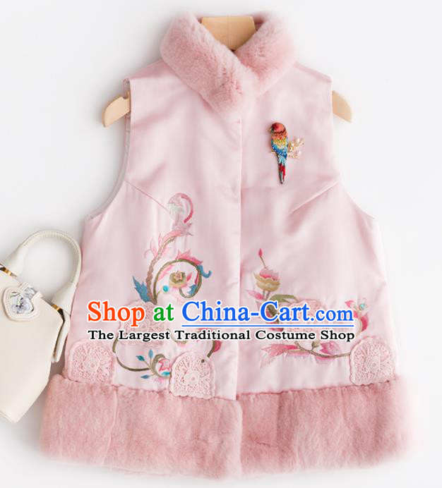 Traditional Chinese National Costume Tang Suit Pink Wool Waistcoat Upper Outer Garment for Women