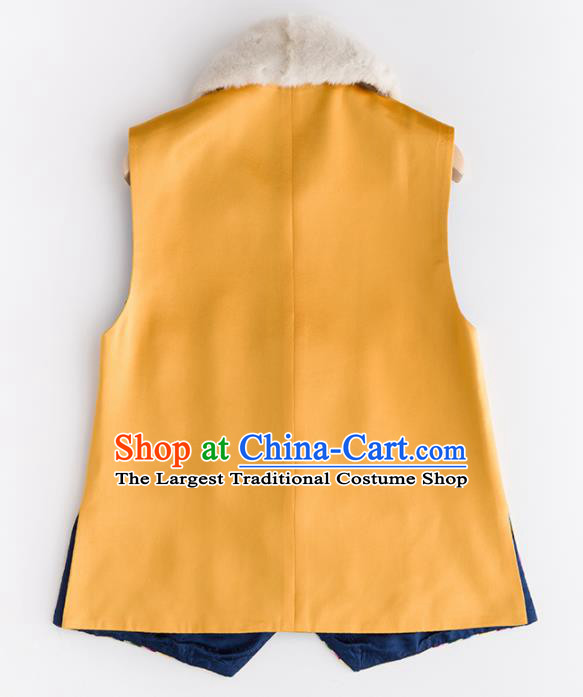 Traditional Chinese National Costume Tang Suit Embroidered Yellow Waistcoat Upper Outer Garment for Women