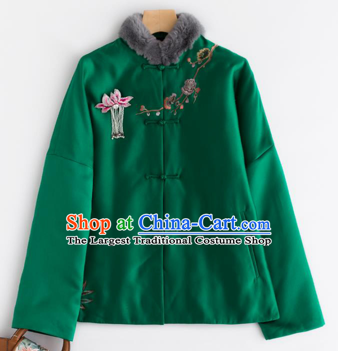 Chinese Traditional Tang Suit Green Cotton Wadded Jacket National Costume Upper Outer Garment for Women