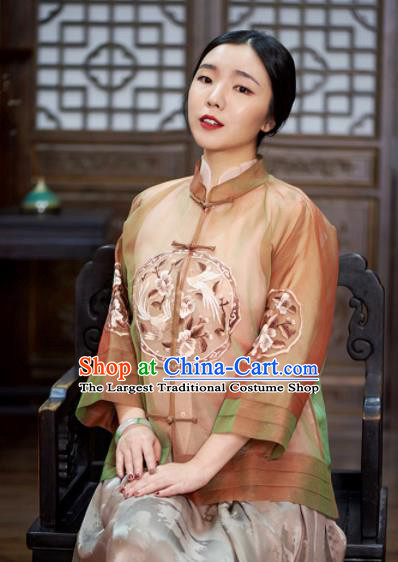 Chinese Traditional Tang Suit Embroidered Silk Blouse National Costume Upper Outer Garment for Women