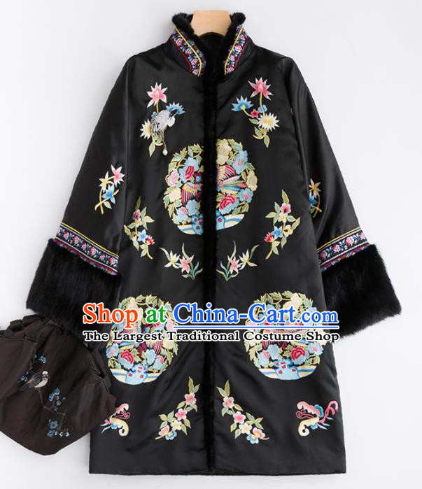 Chinese Traditional Tang Suit Black Cotton Padded Coat National Costume Upper Outer Garment for Women