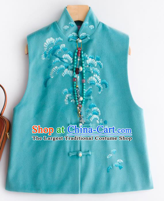 Traditional Chinese National Costume Tang Suit Blue Wool Waistcoat for Women