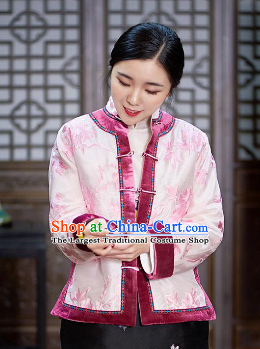 Chinese Traditional Tang Suit Pink Cotton Padded Jacket National Costume Outer Garment for Women