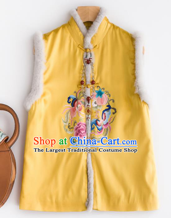 Traditional Chinese National Costume Tang Suit Embroidered Peony Yellow Waistcoat for Women