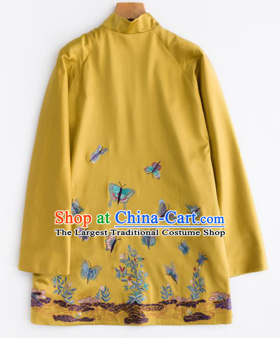 Chinese Traditional Costume National Tang Suit Embroidered Yellow Blouse Upper Outer Garment for Women