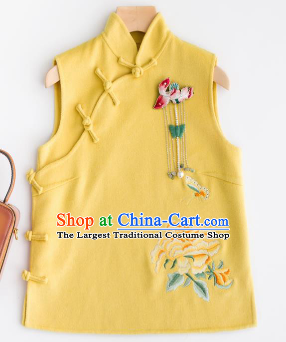 Traditional Chinese National Costume Tang Suit Embroidered Yellow Woolen Waistcoat for Women