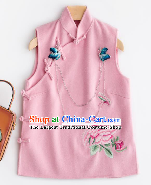 Traditional Chinese National Costume Tang Suit Embroidered Pink Woolen Waistcoat for Women