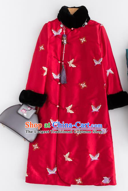 Chinese Traditional Costume National Tang Suit Embroidered Butterfly Red Coat Outer Garment for Women