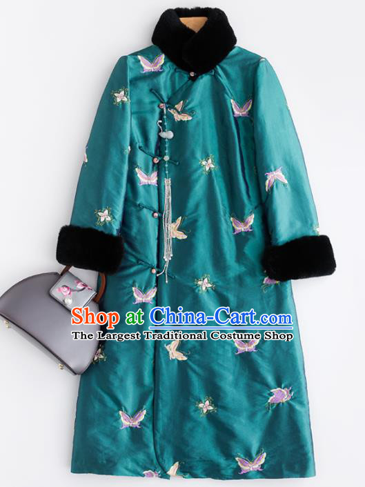 Chinese Traditional Costume National Tang Suit Embroidered Butterfly Green Coat Outer Garment for Women