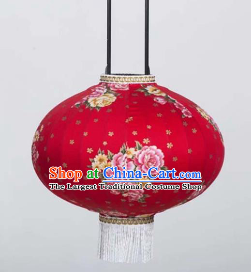 Chinese Traditional Printing Peony Flowers Red Hanging Lantern Handmade Craft New Year Palace Lanterns