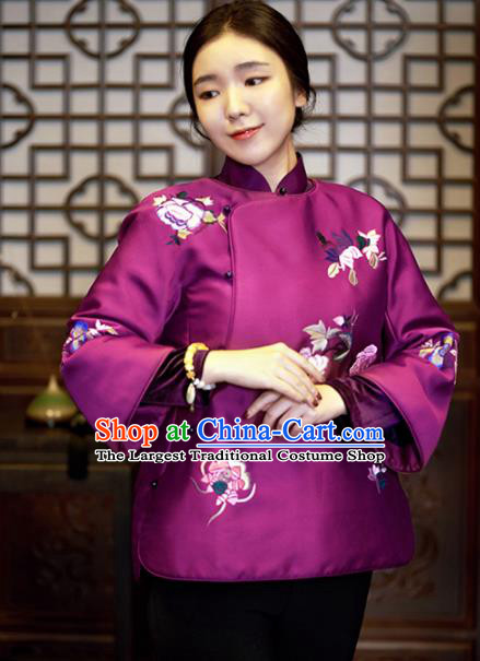 Chinese Traditional Costume National Tang Suit Purple Cotton Padded Jacket Outer Garment for Women
