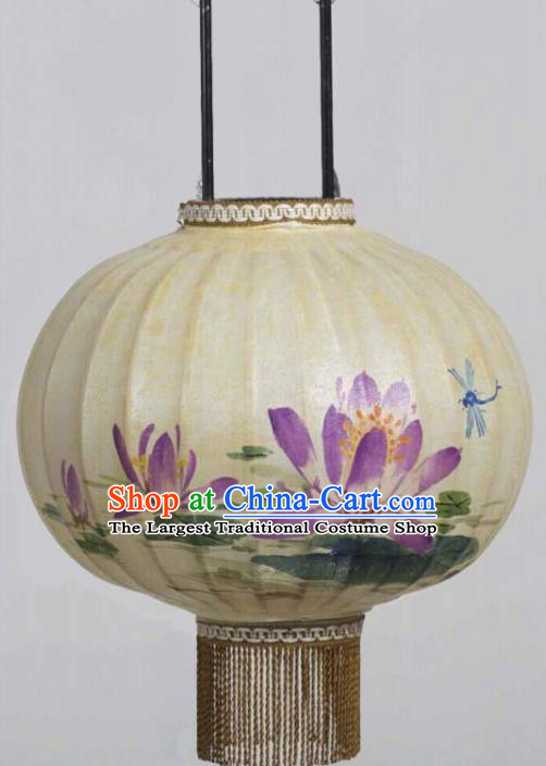 Chinese Traditional Ink Painting Purple Lotus Round Lantern Handmade New Year Palace Lanterns
