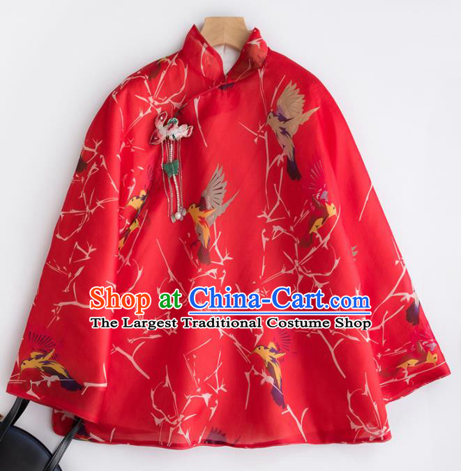 Chinese Traditional Costume National Tang Suit Red Cotton Padded Jacket Outer Garment for Women