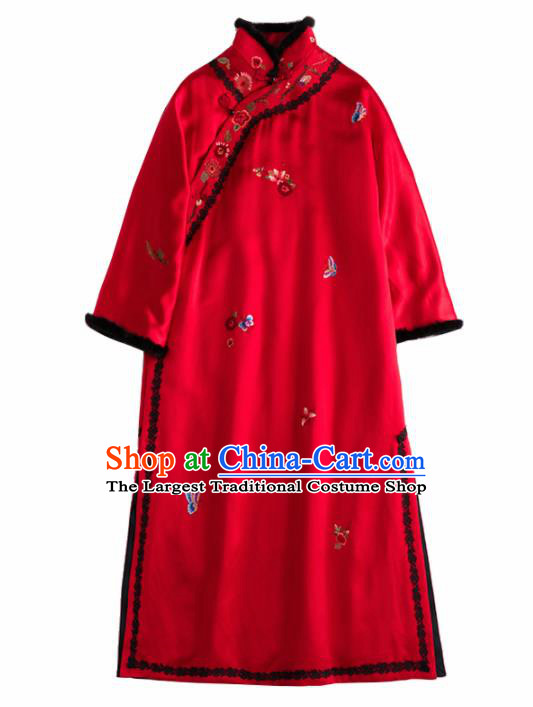 Chinese Traditional Costume National Tang Suit Red Cotton Padded Coat Outer Garment for Women