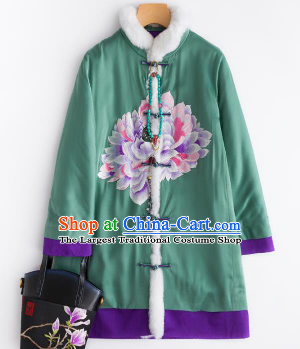 Chinese Traditional Costume National Tang Suit Embroidered Green Cotton Padded Jacket for Women