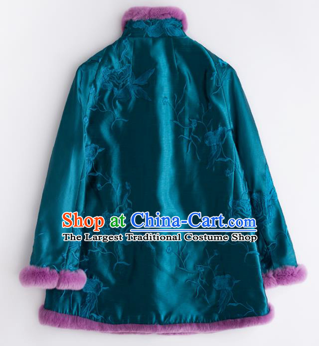 Chinese Traditional National Costume Tang Suit Embroidered Blue Cotton Padded Jacket for Women