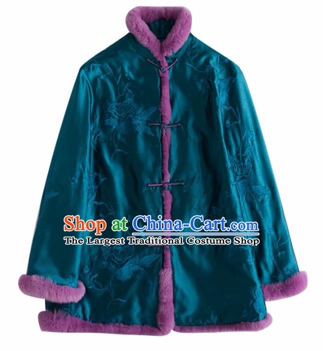 Chinese Traditional National Costume Tang Suit Embroidered Blue Cotton Padded Jacket for Women