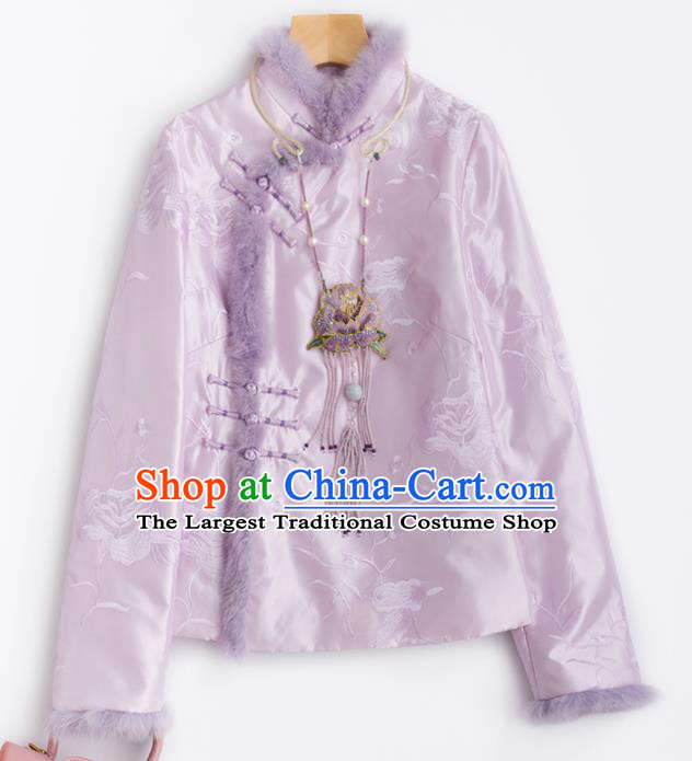 Chinese Traditional National Costume Tang Suit Embroidered Pink Cotton Padded Jacket for Women