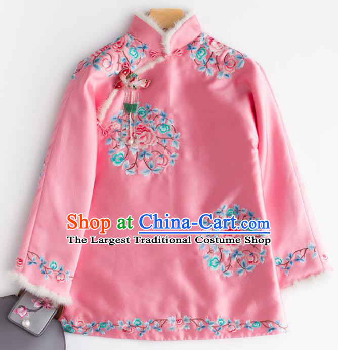 Chinese Traditional National Costume Tang Suit Upper Outer Garment Embroidered Peony Pink Blouse for Women